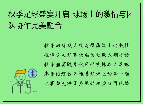 秋季足球盛宴开启 球场上的激情与团队协作完美融合